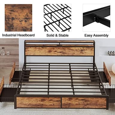 LIKIMIO King Size Bed Frame with 4 Storage Drawers, 2-Tier Storage Headboard with Charging Station, Double Bed Frame King Size for Bedroom, No Box Spring Needed, Easy Assembly, Vintage Brown - Image 3