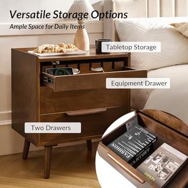 HULALA HOME 2 Drawer Nightstand with Charging Station, Mid-Century Modern Bedside Tables with Wood Legs, Wood Night Stand with Pull-Out Shelf Set of 2, Walnut - Image 4