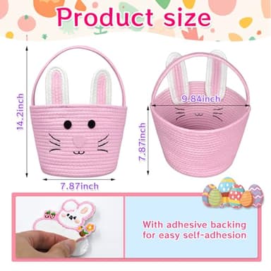 Brbecon Easter Bunny Basket for Kids with Name Tag, Pink Small Woven Easter Basket for Girls, Easter Egg Hunt Baskets Bags Easter Gifts Basket for Girls Baby Kids Children 9.8 x 7.8 x 7.8" - Image 7