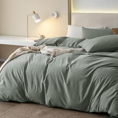 JIYUAN 100% Washed Cotton Duvet Cover Set 3 Pieces King, 1 Duvet Cover 104x90 Inches(Comforter Not Included) and 2 Pillowcases,Linen Feel Bedding Set Comfy and Breathable, Heathered Green - Image 6