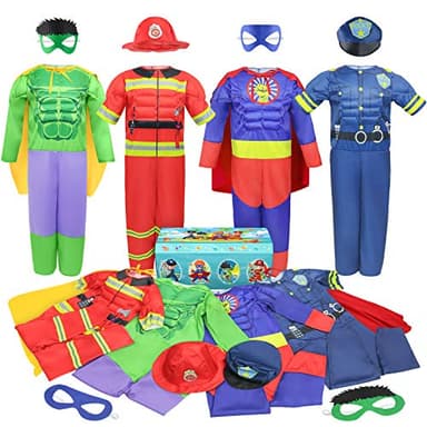 Teuevayl Boys Muscle Chest Dress up Costumes Trunk with Superhero, Policeman, Fireman Costume, Kids Pretend Role Play Costumes Set, Boys Dress up Clothes for Kids Ages 3 4 5 6 7 - Image 1