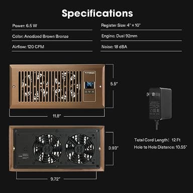 VIVOSUN Quiet Register Booster Fan 4”×10”, Smart Register Vent with Intelligent Thermostat Control, Cooling Heating AC Vent Booster Fan, Brown - Image 7