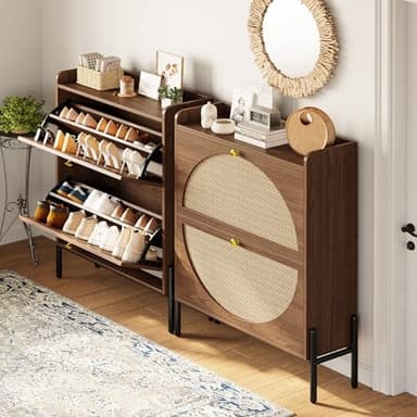 IRONCK Shoe Cabinet Storage with 2 Flip Drawers, Free Standing Wooden Shoe Storage Organizer Cabinet with Rattan Doors for Entryway, Narrow Shoe Rack Cabinet, Walnut - Image 9