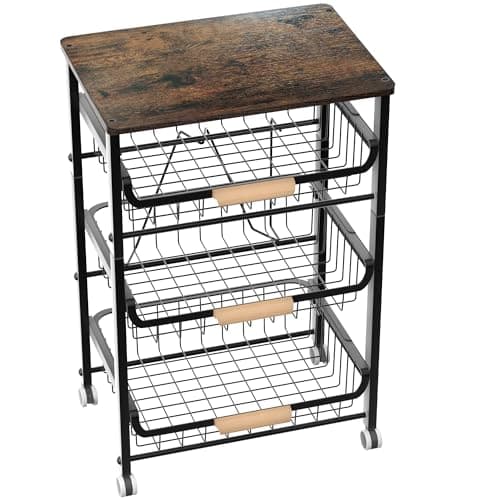 NiuYichee 4-Layer Fruit Basket Kitchen Food Organizer and Rack, Stackable Storage Cart with Desktop, Pull-Out Hollow Metal Basket, Sliding Out Storage (Black 4-Layer Rack) - Image 1