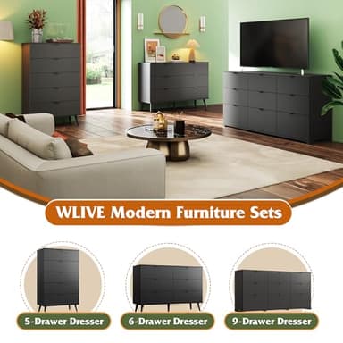 WLIVE Black Dresser for Bedroom, 47.24'' Wide 6 Drawer Wood Dresser Storage Organizer with Sturdy Metal Handle, TV Stand for 55 inch TV, Chest of Drawers for Living Room, Hallway, Closet - Image 9