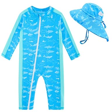 UNIFACO Baby Boy Bathing Suit Infant Shark Rashguard Swimsuit 12 Months One Piece Sunsuits Swimwear with Sun Hat - Image 1