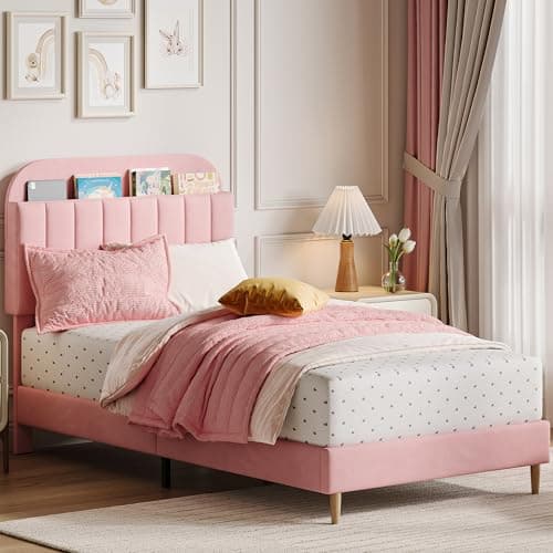 GarveeHome Twin Bed Frame with Storage Headboard, Velvet Upholstered Platform Bedframe for Kids, Girl Bed, Strong Wooden Slats, Noise-Free, Easy Assembly, No Box Spring Needed, Pink - Image 1