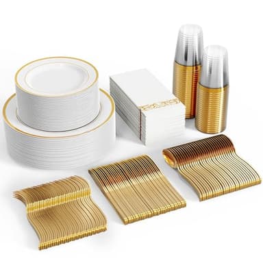 FOCUSLINE 350 Ct Disposable Dinnerware Set for 50 Guests -Heavy Duty Plastic Plates with Gold Rim, Includes 50 Dinner & Salad Plates, Cups, Napkins, Cutlery Set - Image 1