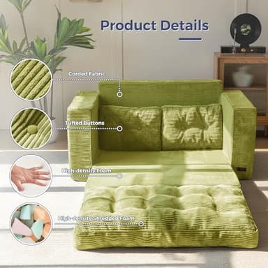MAXYOYO Convertible Sofa Bed, Pull Out Loveseat Sleeper Sofa, 2 in 1 Folding Couch Bed, Fold Out Floor Couch with Pillows for Living Room Bedroom Lounge, Green - Image 5
