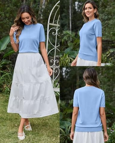 Arach&Cloz Womens Cute Cable Knit Summer Tops Short Sleeve Shirts Dressy Casual Crewneck Ladies Sweater 2025 Baby Blue - Image 5