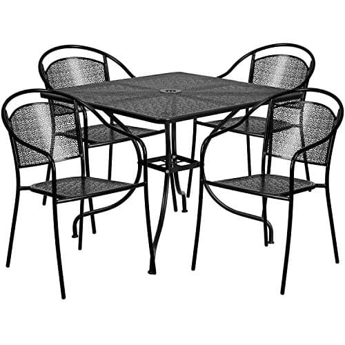 Flash Furniture Oia 5-Piece Commercial Grade Steel Patio Table and Chairs Set, Outdoor Dining Set with Square Table and 4 Round Back Chairs, Black - Image 1