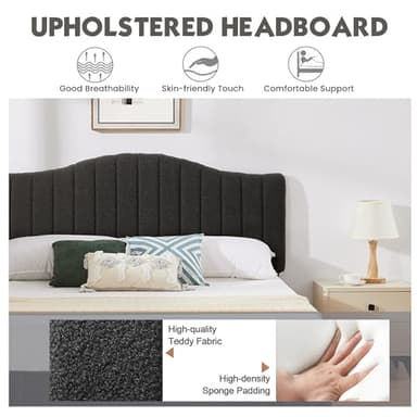 VECELO Twin Bed Frame, Upholstered Platform Bed with Sheepskin Fabric Adjustable Headboard/Strong Wood Slats Supports/7.9'' Under Bed Storage Space/Noise Free/No Box Spring Needed, Dark Grey - Image 4