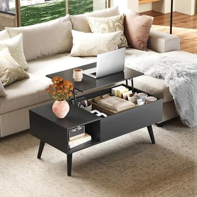 WLIVE Coffee Table for Living Room, Lift Top Coffee Table with Storage, Small Rising Wooden Dining Center Table with Storage Shelf & Hidden Compartment, 39" Black - Image 2
