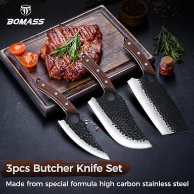 Butcher Knife Meat Cleaver Knife, Hand Forged Japanese Knife Set of 3, High Carbon Kitchen Knife & Serbian Chef Knife & Boning Knife for Meat Cutting, Outdoor Cooking BBQ Camping Gift for Men - Image 6
