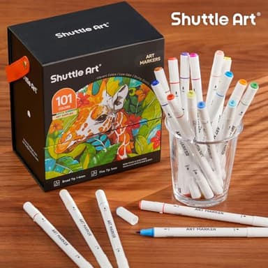 Shuttle Art 101 Colors Alcohol Markers, 100 Colors Dual Tip Art Marker Set Plus 1 Colorless Blender with Marker Case Perfect for Illustration Students Adult Coloring Sketching - Image 7