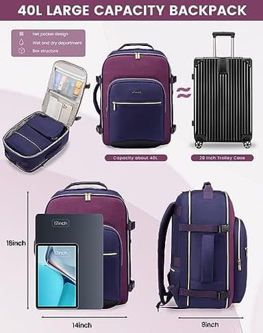 LOVEVOOK Large Travel Backpack for Women & Men, 40L Carry on Backpack for Airplanes, TSA Personal Item Travel Bag fits 17" Laptop, Waterproof Travel Essentials Airline Approved with 3 Packing Cubes - Image 4