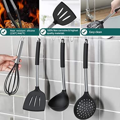 Silicone Cooking Utensil Set, Umite Chef 15pcs Silicone Cooking Kitchen Utensils Set, Non-stick - Best Kitchen Cookware with Stainless Steel Handle - Black - Image 6
