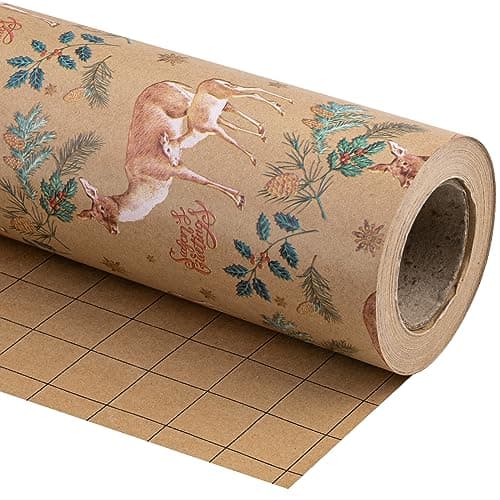 WRAPAHOLIC Kraft Christmas Wrapping Paper - Mini Roll - 17 Inch x 33 Feet - Reindeer Wrapping Paper with Holly Design for Christmas, Holiday, Party Celebration - Image 1