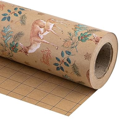 WRAPAHOLIC Kraft Christmas Wrapping Paper - Mini Roll - 17 Inch x 33 Feet - Reindeer Wrapping Paper with Holly Design for Christmas, Holiday, Party Celebration - Image 1