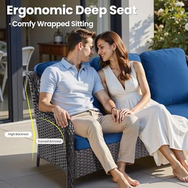 ovios 7-Pieces Patio Furniture Set with 42 Inch Fire Pit Table Swivel Chairs, Outdoor Wicker Sofa Couch Gliders Rocker, Modern High Back Conversation Set, Brown Rattan, Navy Blue - Image 3