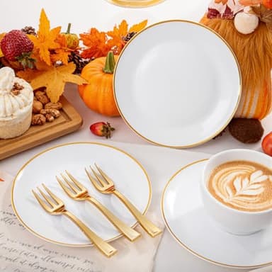 Festiva 200Pcs Gold Dessert Plates 6.3" with Forks 5"- Small Disposable Dessert/Cake/Appetizer Plates Plates- serve 100 guests include 100Plates 100Forks for Wedding Party&Thanksgiving&Birthday - Image 6