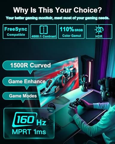 SANSUI 27 Inch Curved 160Hz Gaming Monitor, 1500R Curved Computer Gaming Monitor FHD 1080P, 4000:1, 110% sRGB, FPS/RTS, 1Ms MPRT|FreeSync|HDR|Low Blue Light|HDMI DP| VESA Support, HDMI Cable Incl. - Image 2