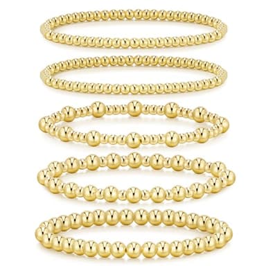adoyi Gold Bracelets for Women, 14K Gold Plated Beaded Stretch Bracelet Strand Bead Ball Bracelets stack Set Trendy Adjustable Non Tarnish Jewelry Sets for Womens Gifts - Image 1
