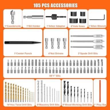 ENERTWIST 105 Pcs Drill Bit Set - HSS Titanium Coated, Carbon Steel Woodworking Bits, Hole Saws & Screwdriver Bits for Wood, Metal, Cement in Durable Case - Image 2