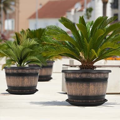 Quarut Large Plastic 3 Pack16 inch Plant Pots,Whiskey Barrel Planters with Drainage Holes & Saucer.Flower Pots Imitation Wine Barrel Design for Indoor & Outdoor Garden Balcony Plants.7 Gallons(Brown) - Image 6