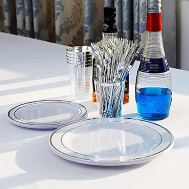 I00000 102pcs Silver Plastic Plates, Disposable Plastic Party Plates with White Silver Rim Fancy Wedding Party Plates Include 51 Dinner Plates 10.25" and 51 Dessert Appetizer Plates 7.5" - Image 2