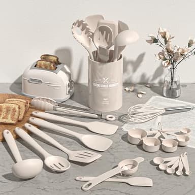 Silicone Kitchen Cooking Utensils Set, Umite Chef 22Pcs Heat Resistant Kitchen Utensils, Spatula, Spoon, Whisk, Dishwasher Safe Kitchen Utensil Gadgets Tools Set for Nonstick Cookware(Khaki) - Image 2