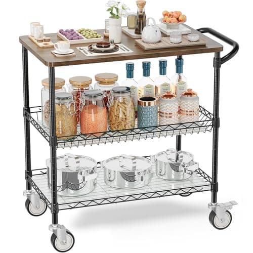 Leteuke Rolling Kitchen Carts with Wheels, 34" L x 17.5" W, 3-Tier Heavy Duty Utility Cart with Wood Tabletop, NSF Commercial Metal Serving Cart with Handle and Shelf Liner for Kitchen, Black - Image 1