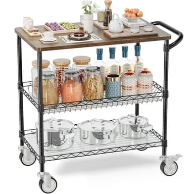 Leteuke Rolling Kitchen Carts with Wheels, 34" L x 17.5" W, 3-Tier Heavy Duty Utility Cart with Wood Tabletop, NSF Commercial Metal Serving Cart with Handle and Shelf Liner for Kitchen, Black - Image 1