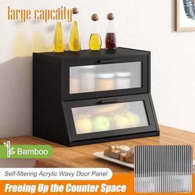 GHWIE Double Layer Bamboo Bread Box for Kitchen Counter,Large Capacity Bread Storage Bin,Bread Container with Acrylic Wavy Door Panel (Black, Medium) - Image 2