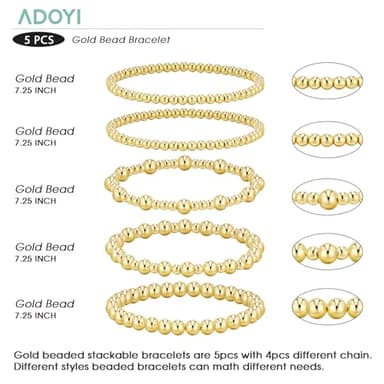 adoyi Gold Bracelets for Women, 14K Gold Plated Beaded Stretch Bracelet Strand Bead Ball Bracelets stack Set Trendy Adjustable Non Tarnish Jewelry Sets for Womens Gifts - Image 5