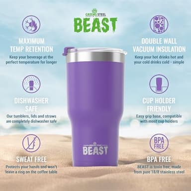 Beast 20 oz Tumbler Stainless Steel Vacuum Insulated Coffee Ice Cup Double Wall Travel Flask (Purple) - Image 7