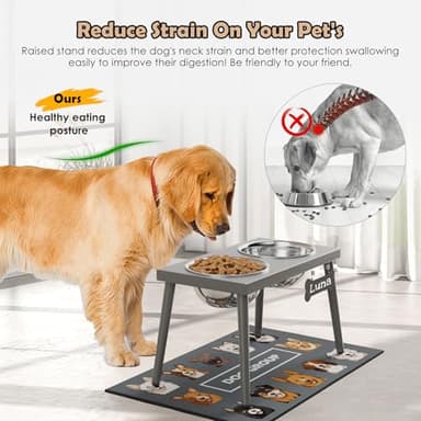 ADENGL Raised Dog Bowl Stand for Large Dogs, 10” Tall Elevated Feeder with Spill-Proof Mat, Stainless Steel 58OZ Bowls for Food & Water, Gray Color (Mat Size: 16x24”) - Image 2