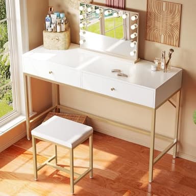 SUPERJARE 43-inch Modern White & Gold Desk - 2 Drawer Vanity, Computer & Home Office Study Desk for Writing & Bedroom - Image 2