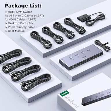 UGREEN 8K@60Hz HDMI KVM Switch 4 Computers with 4 USB 3.0 Ports Aluminum KVM Switches Share One Monitor Keyboard Mouse Hard Drives Printer with 4 HDMI Cables, 4 USB Cables and Desktop Controller - Image 7
