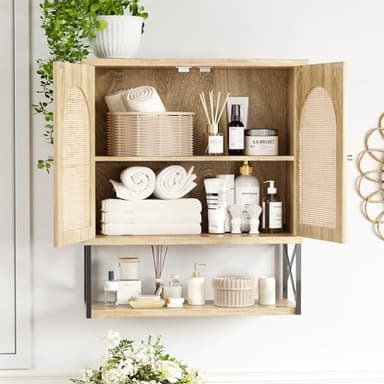 Rattan Bathroom Wall Cabinet, Boho Medicine Wall Cabinet with Double Doors and Adjustable Shelves, Tall Kitchen Wall Mounted Storage Cabinet, Floating Space Saver Over Toilet, Natural - Image 3
