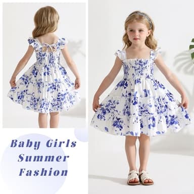 YOUNGER TREE Toddler Girl Dress Kids Sleeveless Ruffle Dresses for Girls Summer Outfits Beach Sundress(Blue Floral,6-7 T) - Image 3