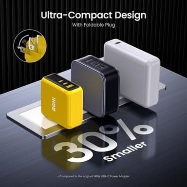 AOHI Magcube 140W USB C Charger PD3.1 3-Port GaN+ Laptop Wall Charger 100W Fast Charging Power Adapter Foldable Plug for MacBook Pro 16'', Dell XPS, iPad Pro, Galaxy, iPhone 15 Pro, Chromebook, Yellow - Image 5