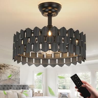 Merexcint 18 Inch Black Ceiling Fans with Lights and Remote, Black Caged Ceiling Fan Light with 6-Speed Motor, Bladeless Fan, Fandelier Ceiling Fan with Light for Bedroom, Living Room, Dining Room - Image 1