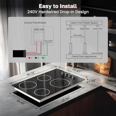ThermoMate 30 Inch Electric Cooktop, 4 Burners Knob Control Built-in Ceramic Cooktop, 30" Radiant Electric Stove Top of 6700W with 9 Heat Levels, Hot Surface Indicator, 220-240v, Hard Wired - Image 7