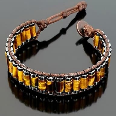 KSQS Protection Bracelet for Man, Hematite Tiger's Eye Beaded Gemstone Chakra Bracelet, Leather Cuff Adjustable Bracelet for Anxiety and Stress(#1) - Image 2
