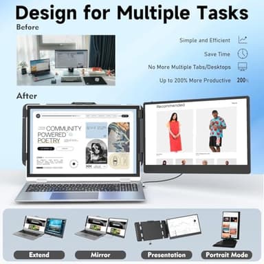 KEFEYA Laptop Screen Extender, 14" Portable Monitor for Laptops 13-17", 1080P FHD IPS Monitor Extender for Laptop with USB-C/HDMI Port, Plug n Play for Windows/Chrome/Mac/Switch/PS5 - Image 3