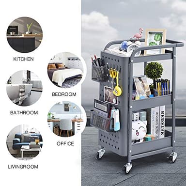 KINGRACK 3-Tier Rolling Cart, Metal Utility Cart with Pegboard, Storage Trolley Organizer Serving Cart with Handle and Extra Baskets Hooks for Kitchen Office Teacher Classroom, Grey - Image 7