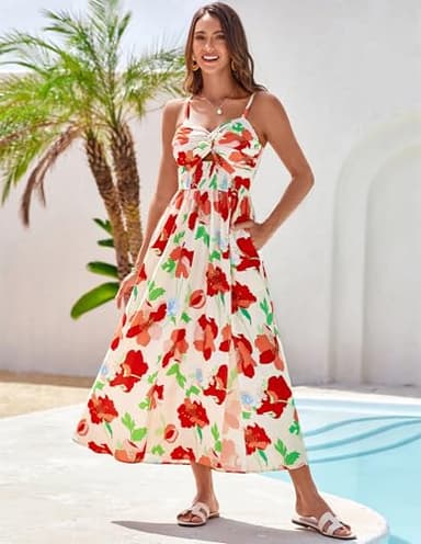 Women's Casual Maxi Sundress Sleeveless Spaghetti Strap Twist Front Floral A line Beach Dress with Pockets Red Floral XL - Image 2