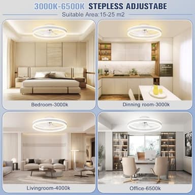 VOLISUN Low Profile Ceiling Fans with Lights and Remote, 19.7in Flush Mount Ceiling Fans with Light, 3000K-6500K Dimmable Fandelier LED Fan Light, White Bladeless Ceiling Fans with Lights for Bedroom - Image 2
