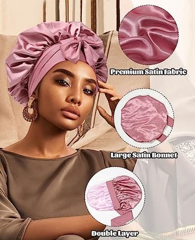 Satin Bonnet for Sleeping Cap Double Layer Hair Bonnet with Elastic Tie Band for Curly Hair Night Cap (Bean Paste + Pink) - Image 5